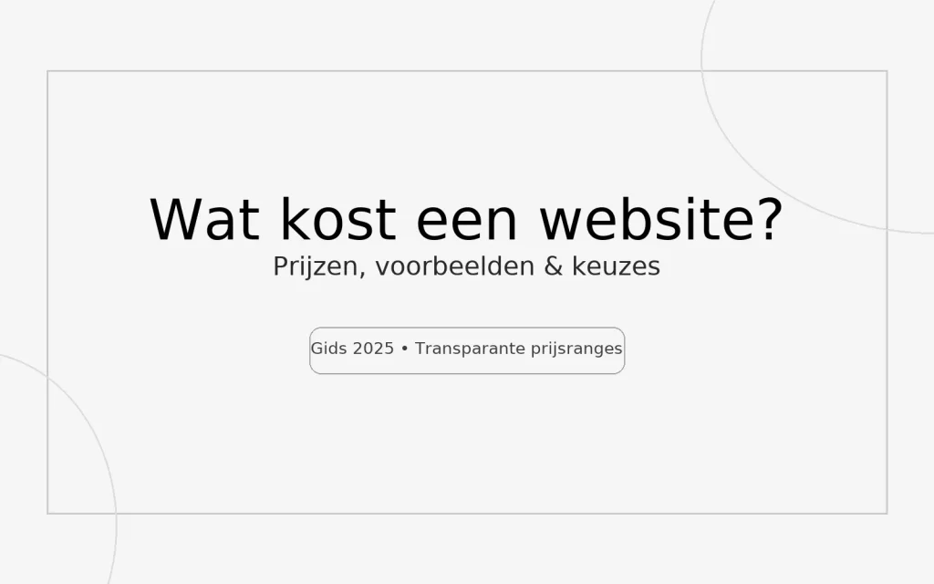 Wat kost een website? Complete gids met prijzen, voorbeelden en keuzes 1 Hero banner met tekst ‘Wat kost een website?’ en ondertitel ‘Prijzen, voorbeelden & keuzes’ (16:10).