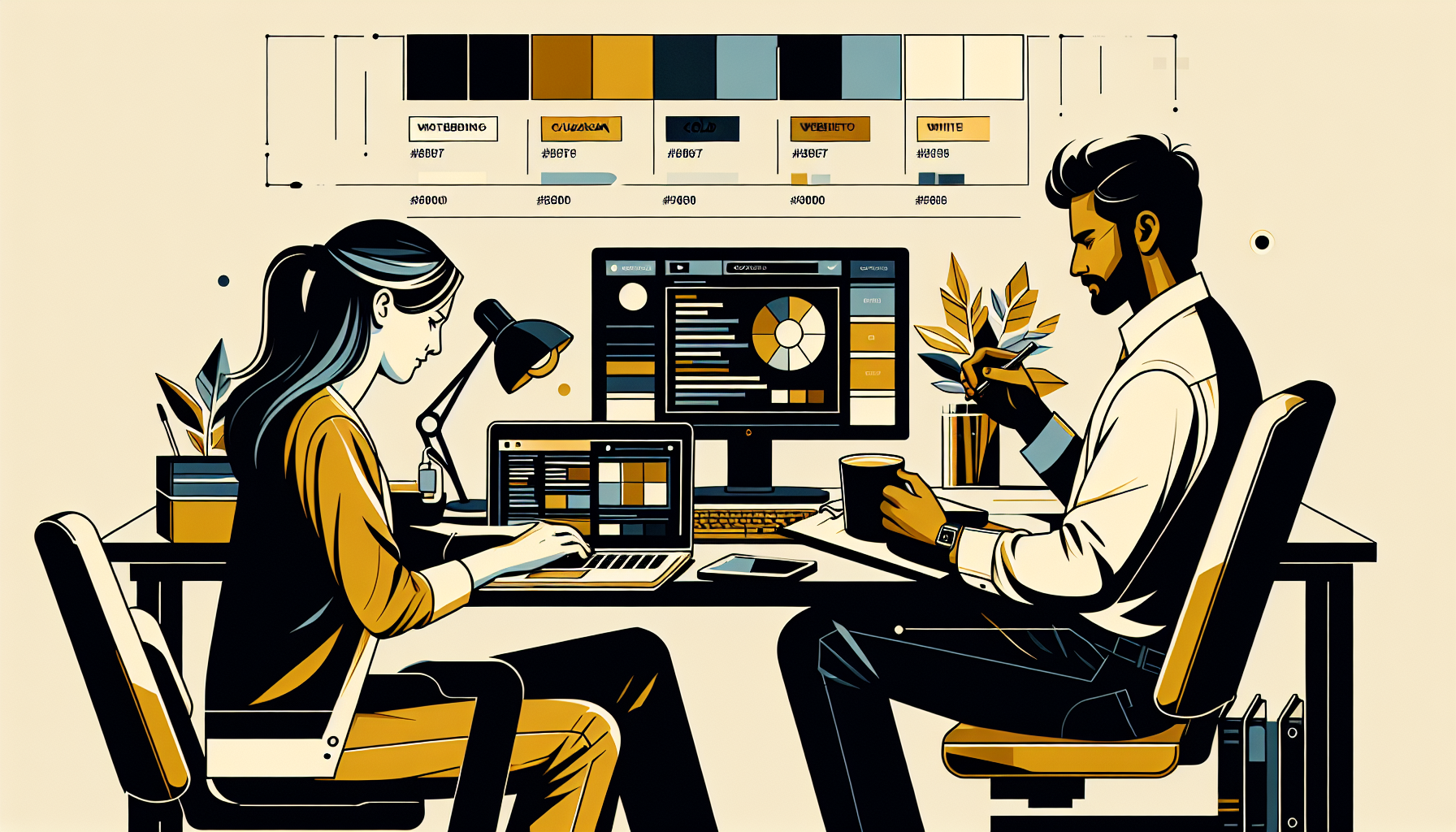 Webshop maken: ondernemer bekijkt webshop-ontwerp op laptop en smartphone, brainstormt met notitieblok