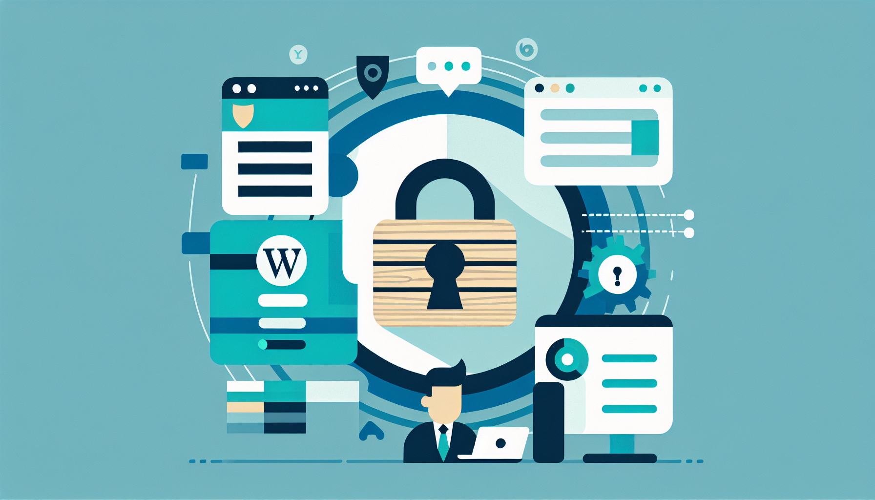 Illustratie van WordPress beveiliging: slot, schild en veilig dashboard